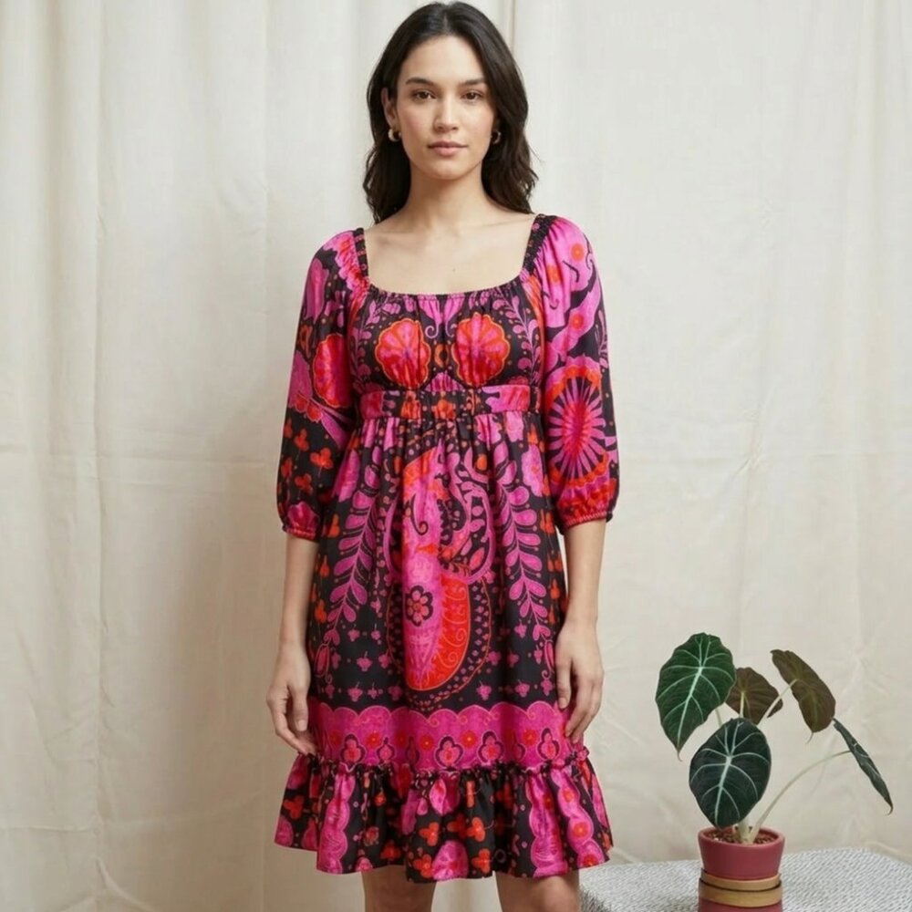 VTG Betsey Johnson Silk Mod Floral Mini Dress Pink Black Orange - Size 4